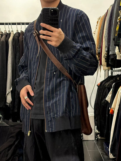 Decoster Striped Baseball Jacket in Navy Blue