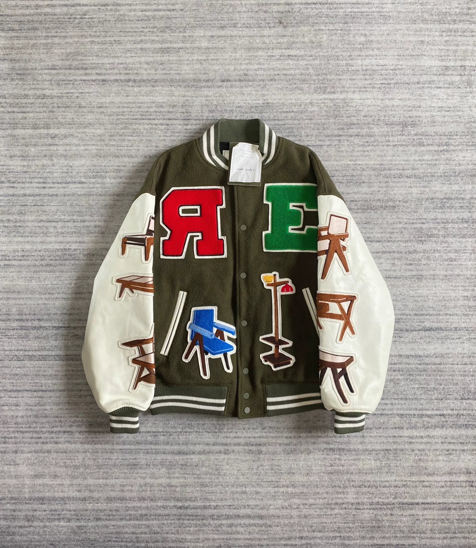 readymade baseball jacket with leather sleeves