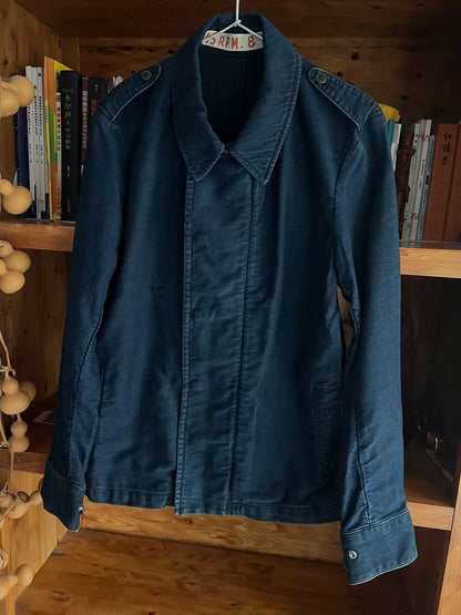 blue dyed motorcycle jacket with subtle vintage touch