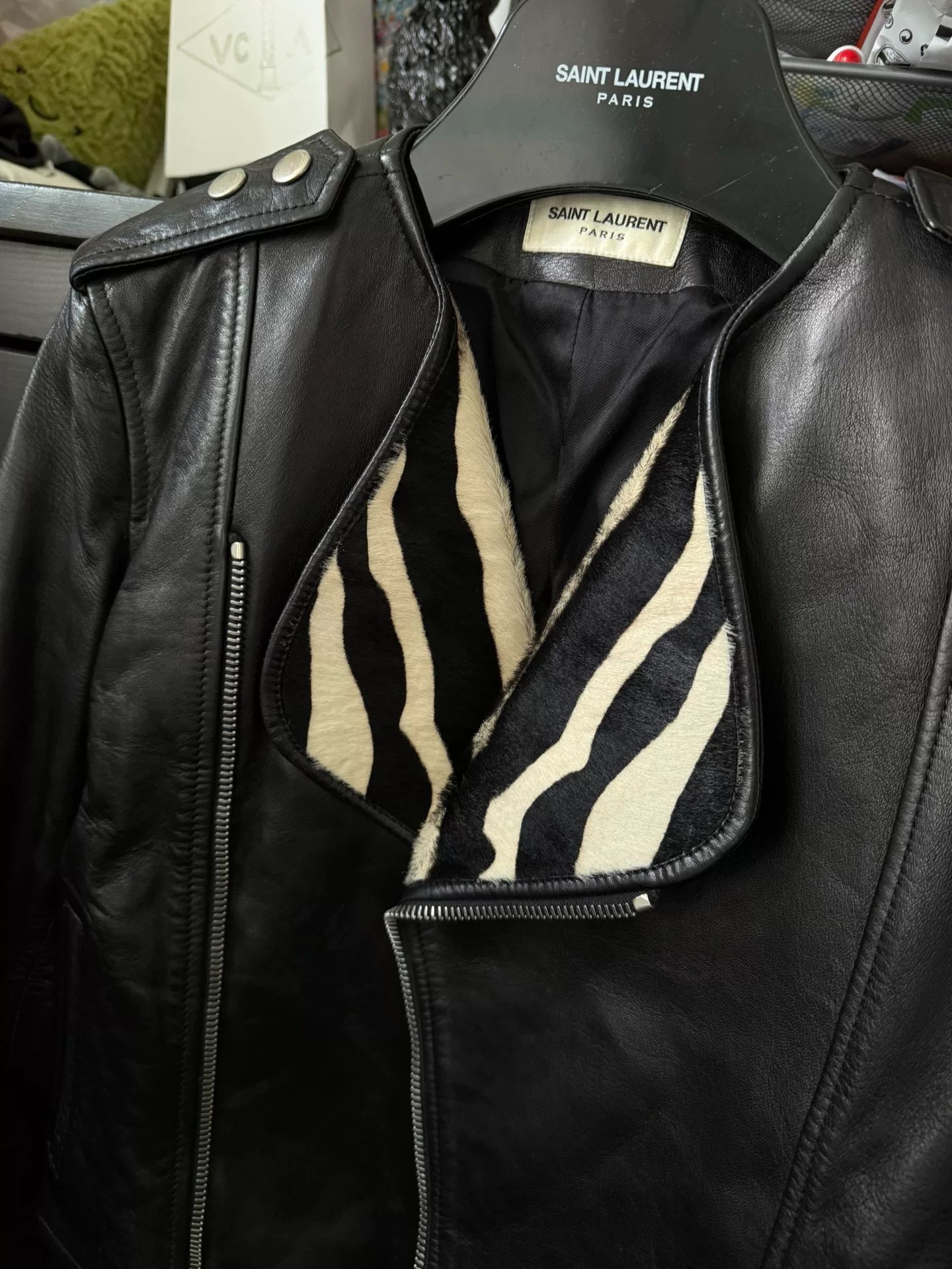 Saint Laurent Black Leather Jacket Zebra Collar