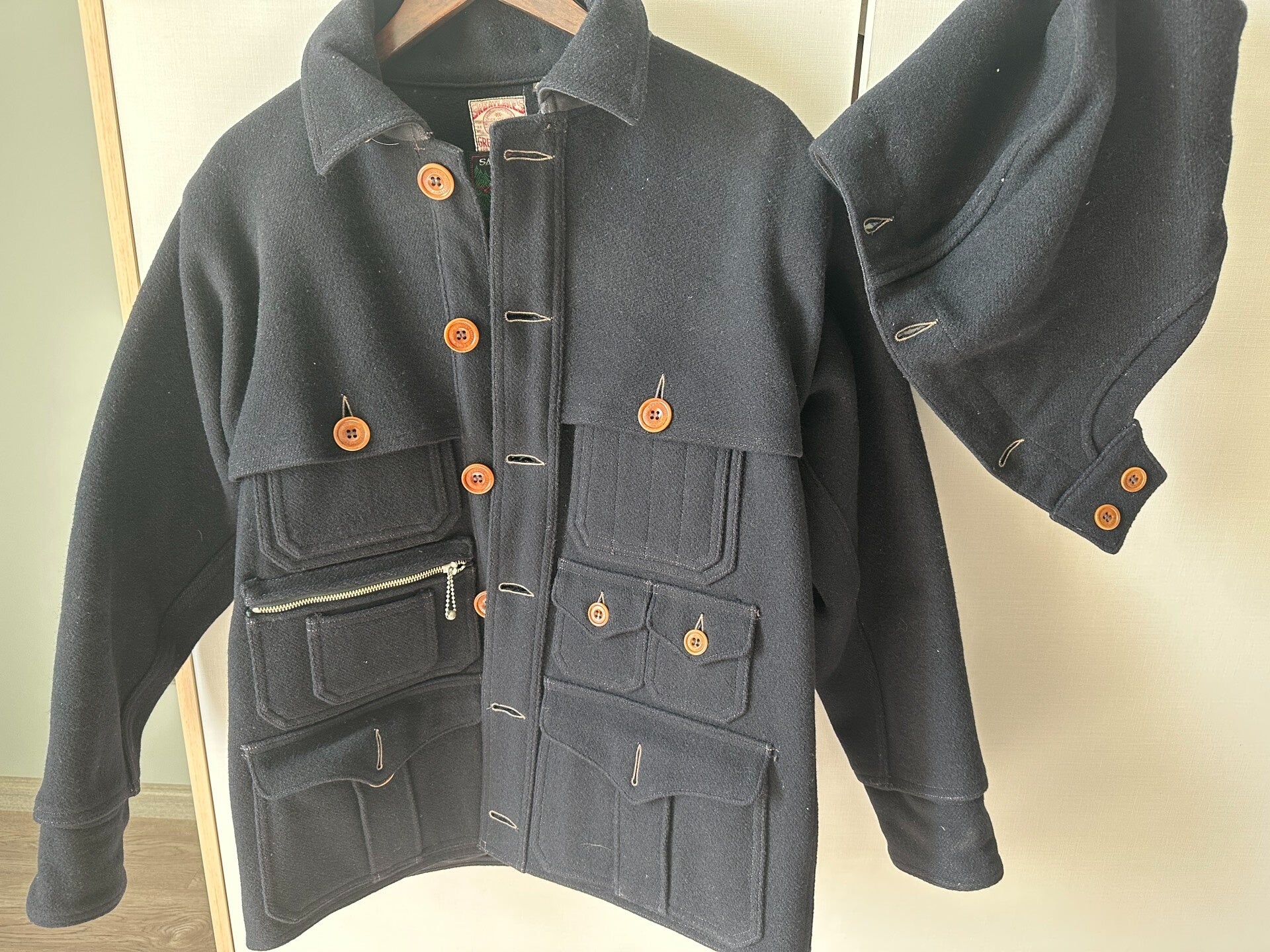 Black Wool Multi-Pocket Windbreaker Jacket