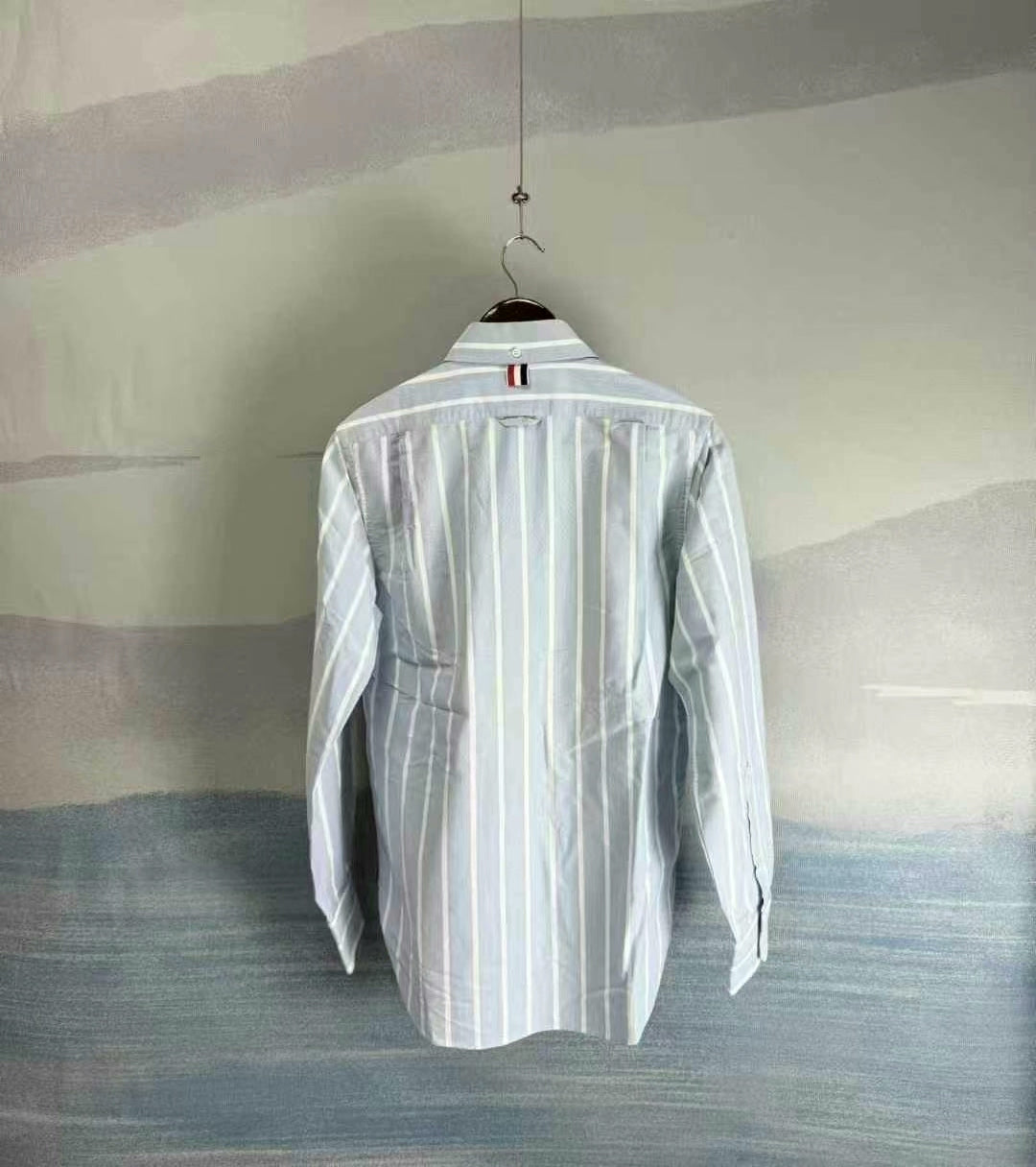 thom browne blue and white striped shirt