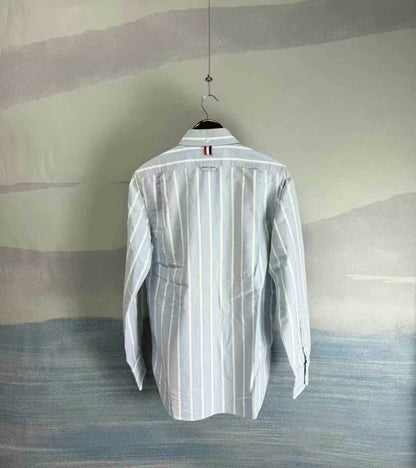 thom browne blue and white striped shirt