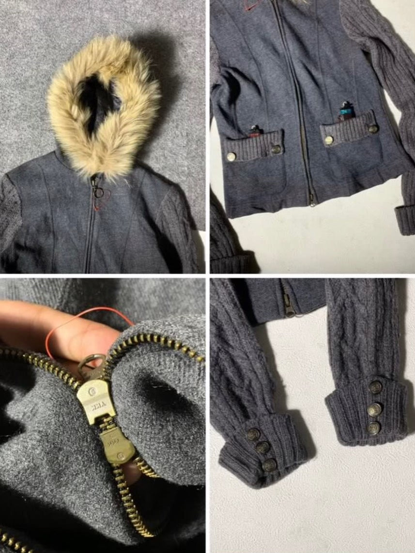 Comme ca du mode Knit Fur Collar Jacket