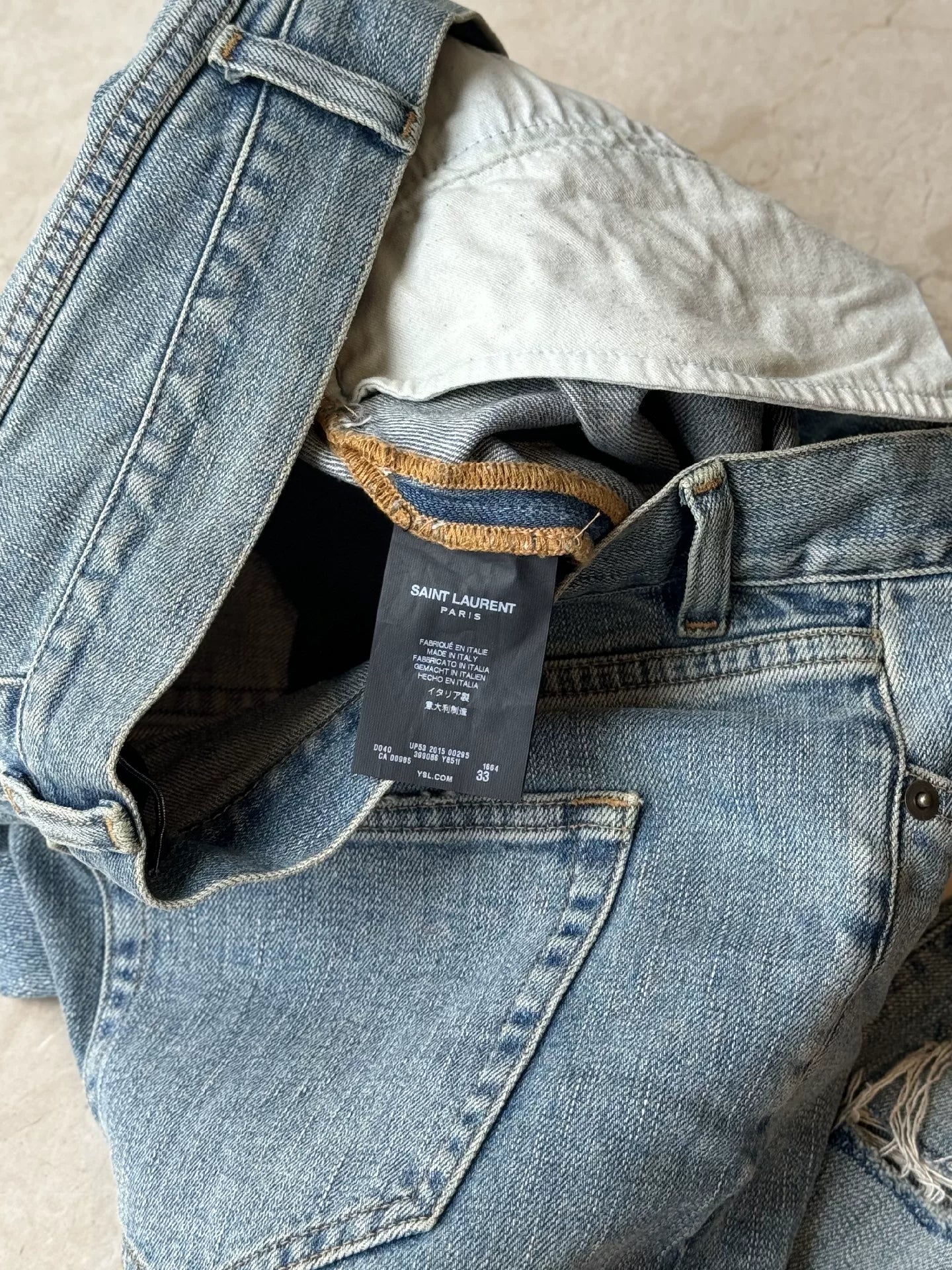 YSL Men's Washed Blue Ripped Jeans
