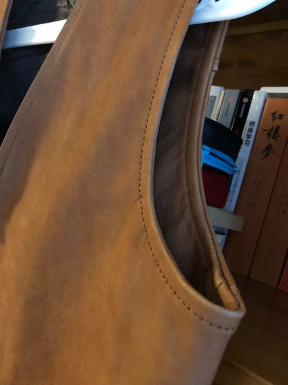 cootie leather utility vest in golden brown