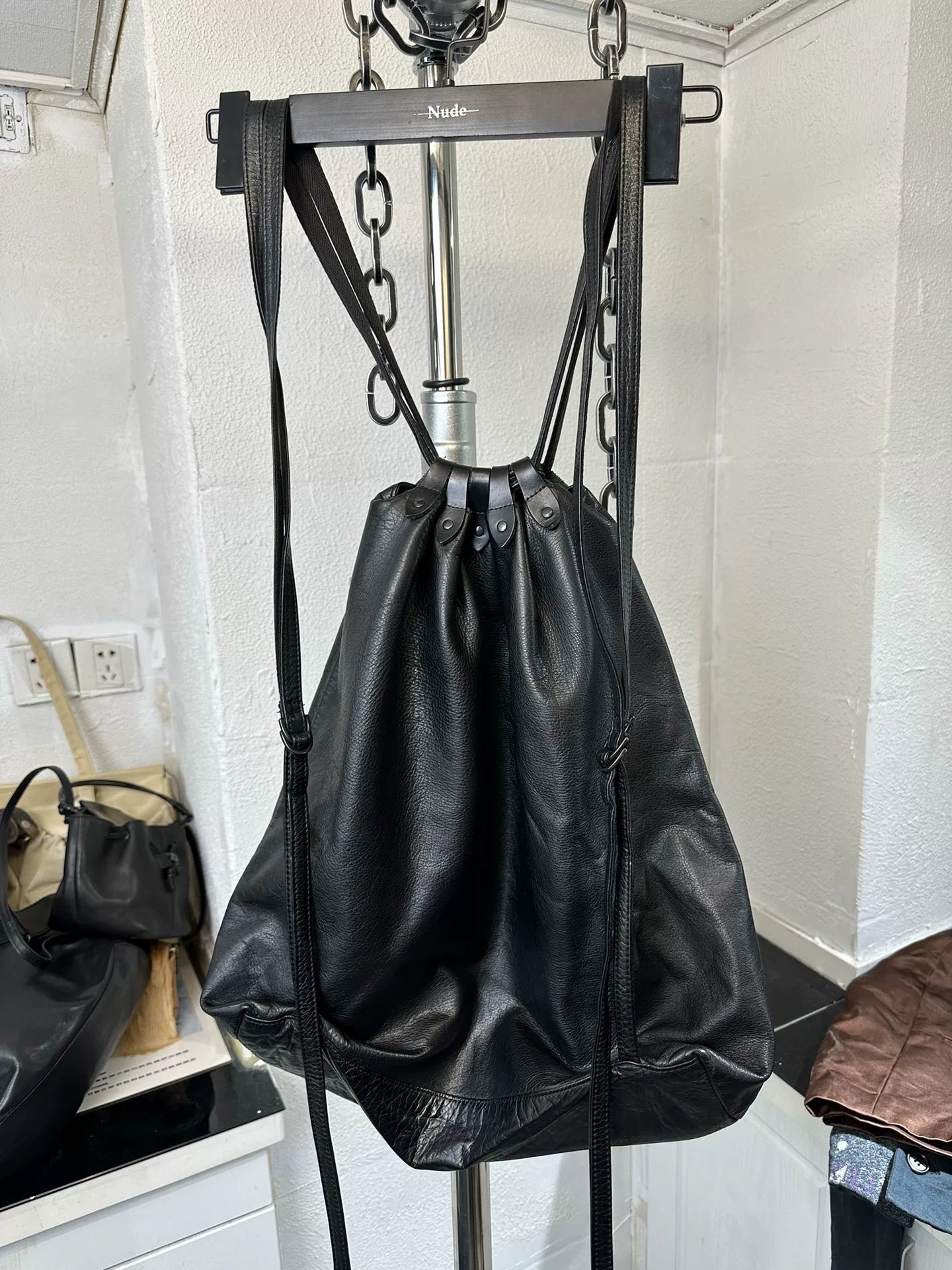 yohji yamamoto leather drawstring bag