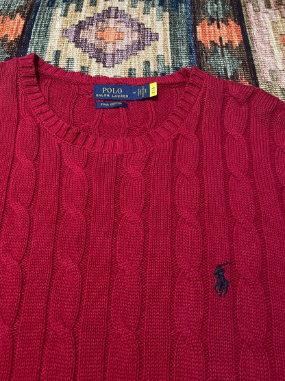 RALPH LAUREN Red Cable Knit Pony Pullover