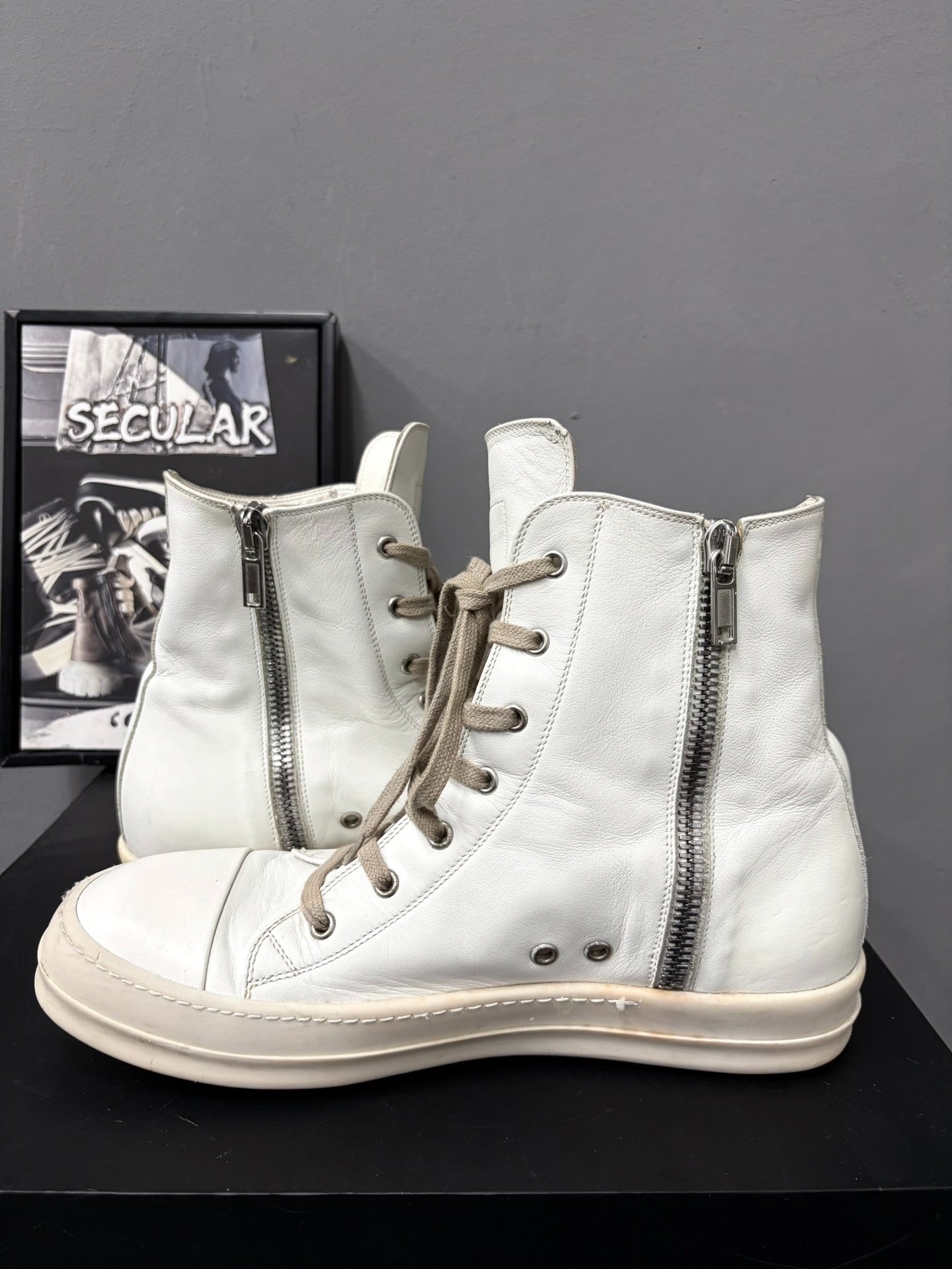 Rick Owens Leather White High-Top Sneakers