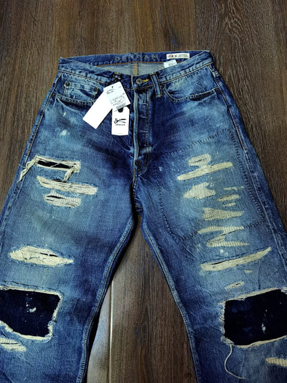 DENHAM Blue Distressed Paint Splatter Jeans