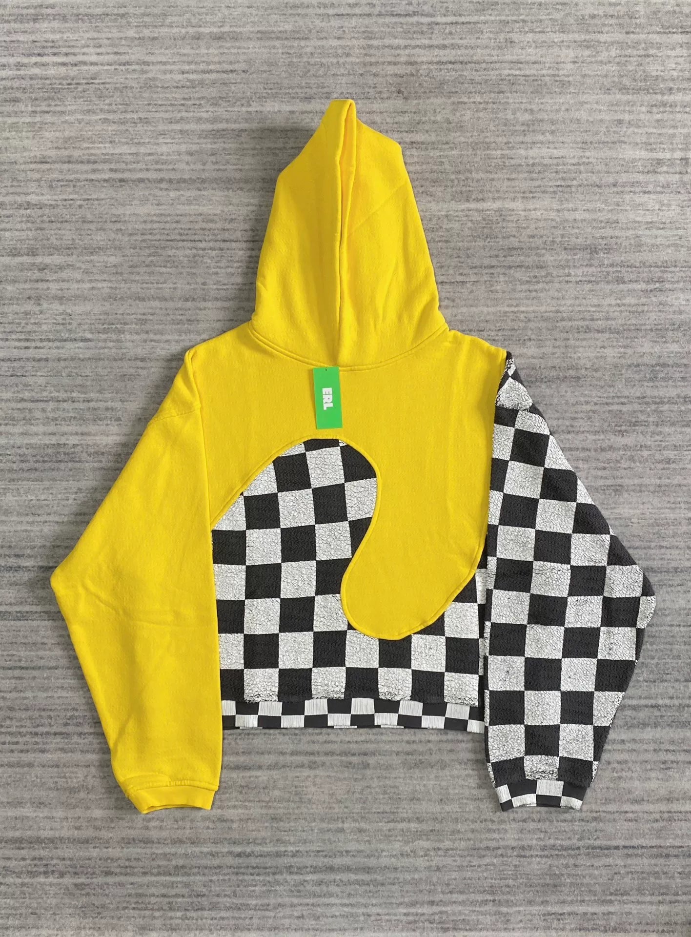 black and yellow checkerboard hooded sweatshirt