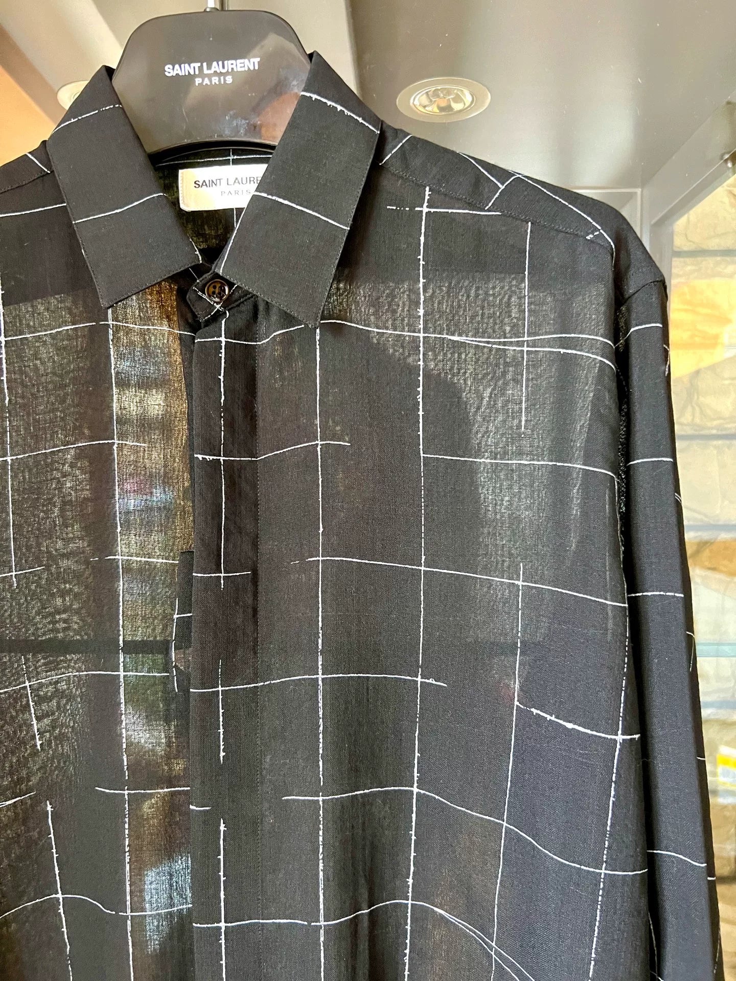 saint laurent black geometric silk shirt