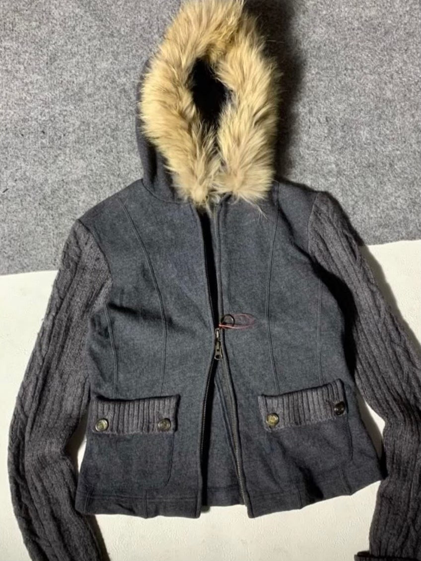 Comme ca du mode Knit Fur Collar Jacket