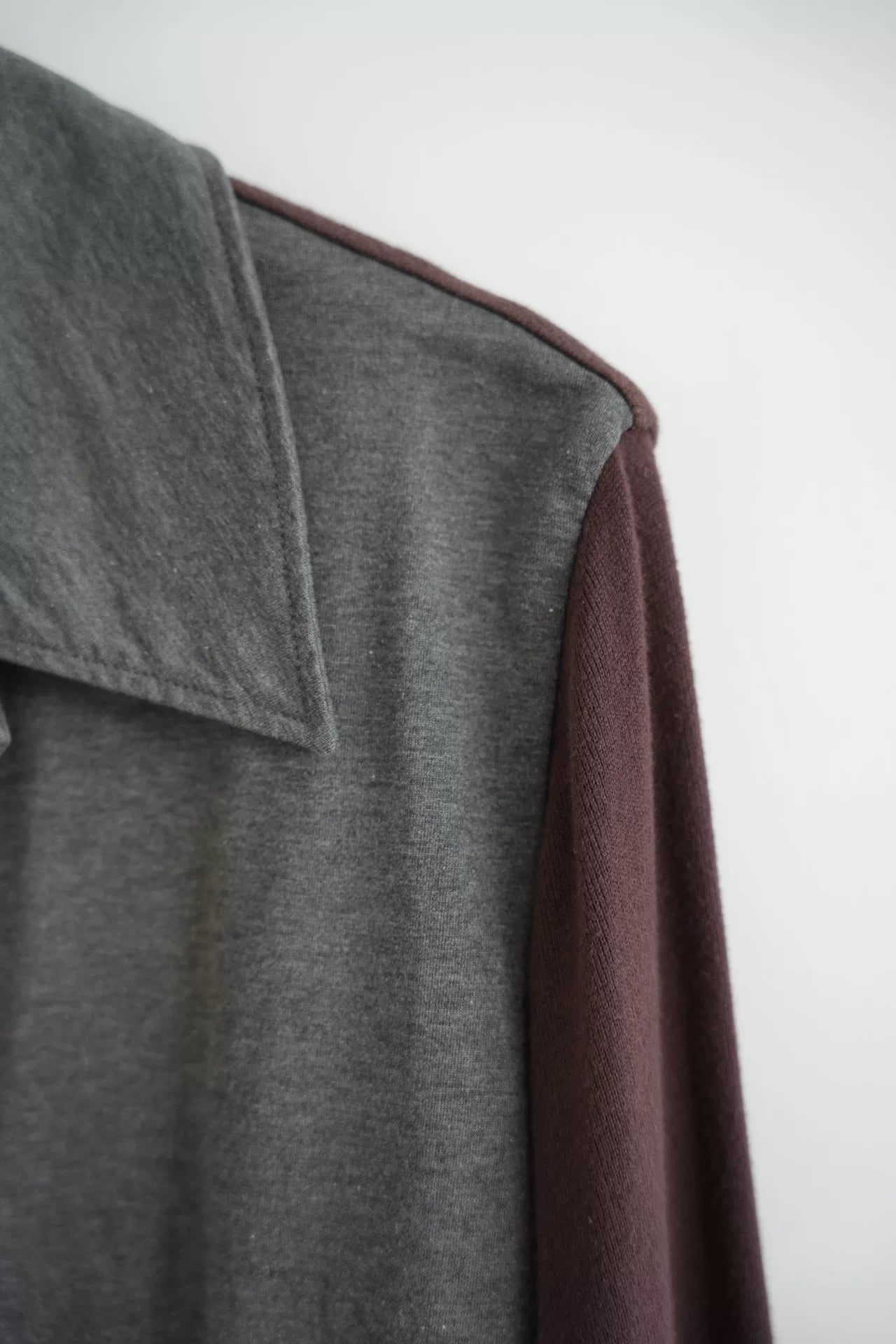 gray and brown patchwork shirt