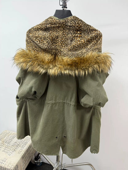 unique leopard print military-style oversized coat