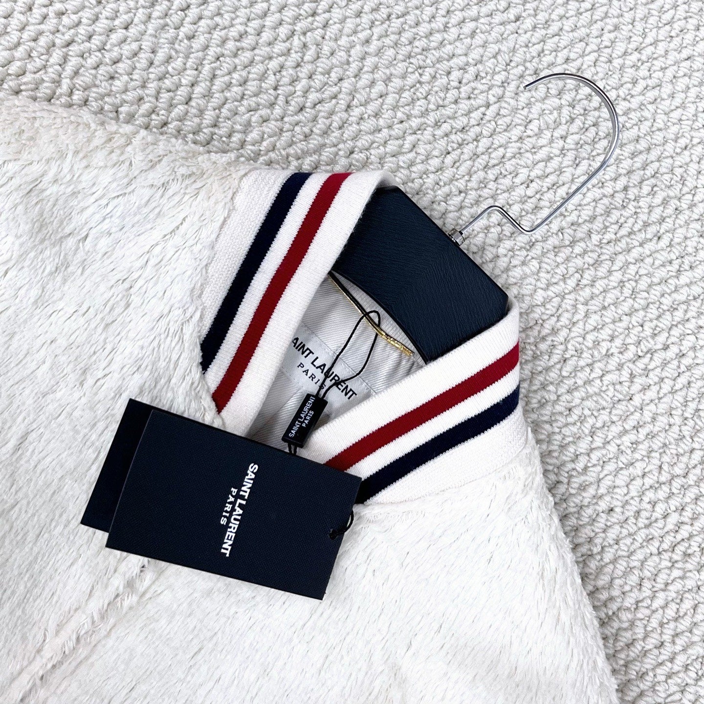 Saint Laurent White Teddy Stripe Baseball Jacket