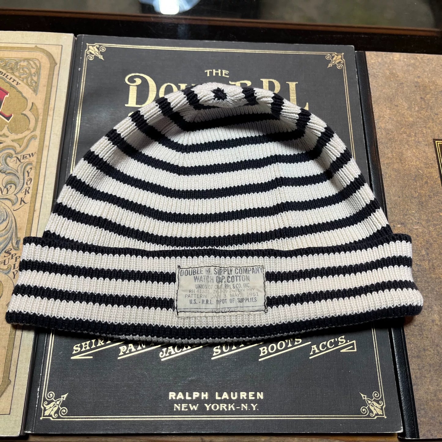 RRL Black White Striped Beanie
