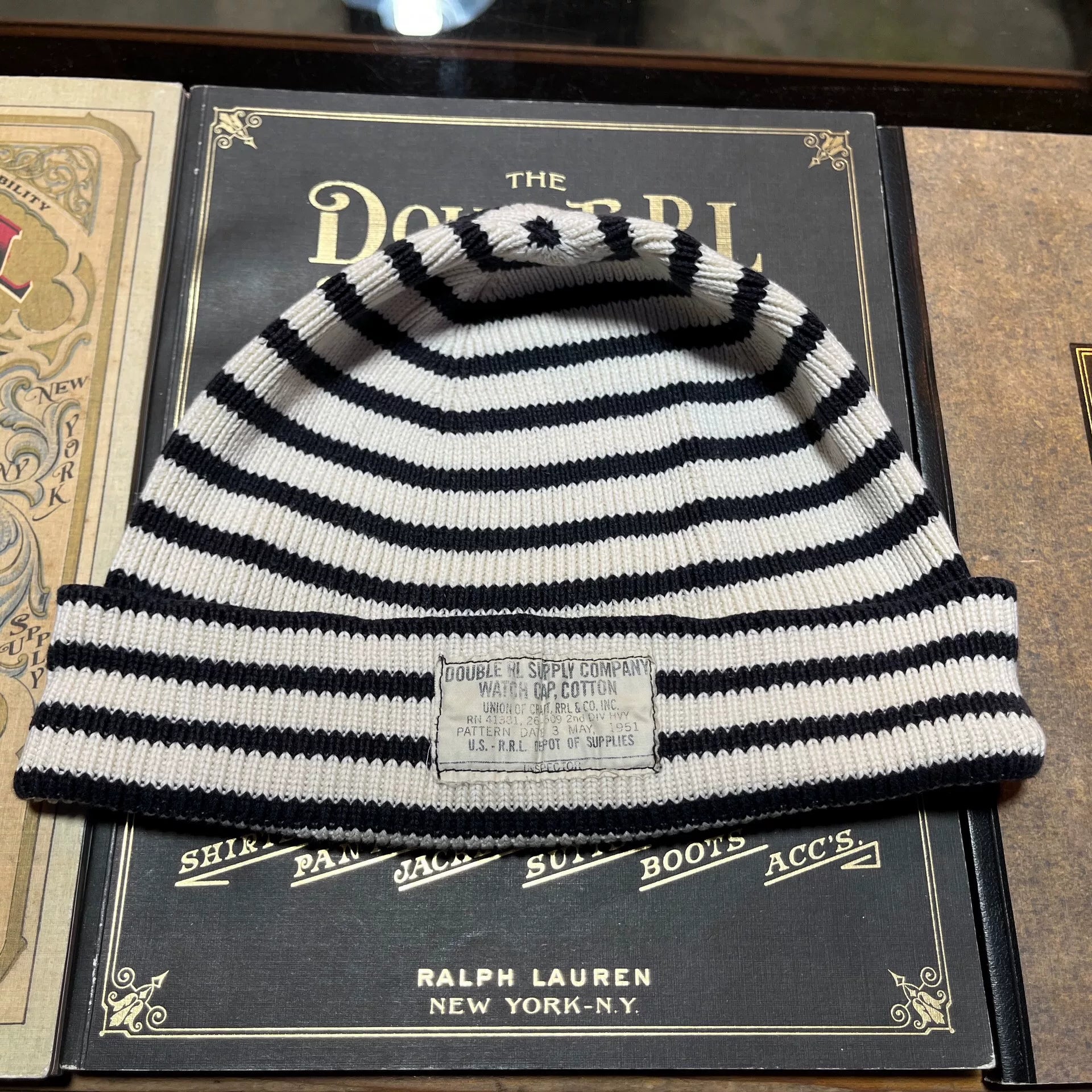 RRL Black White Striped Beanie