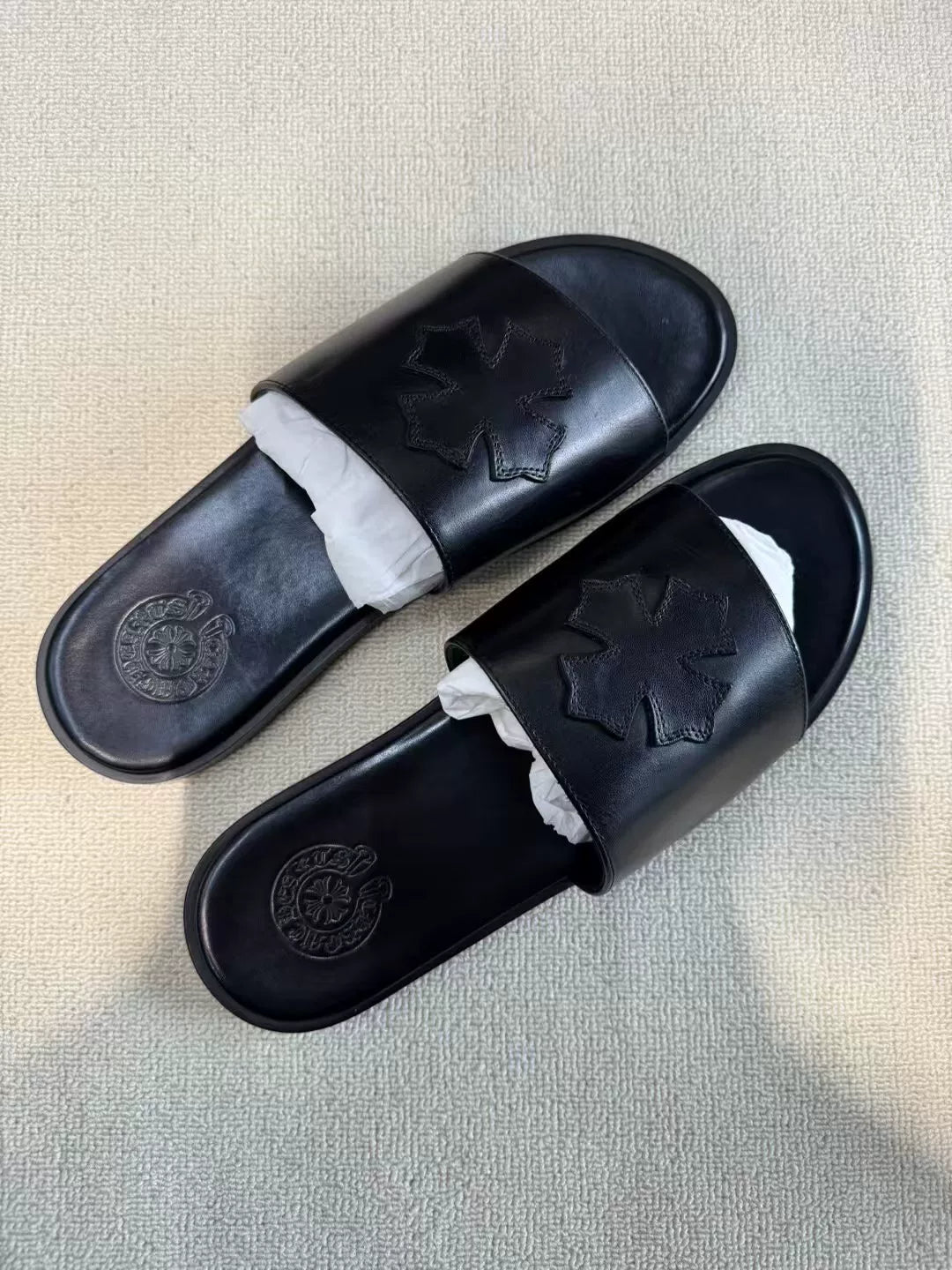 Chrome Hearts Cross Leather Slippers