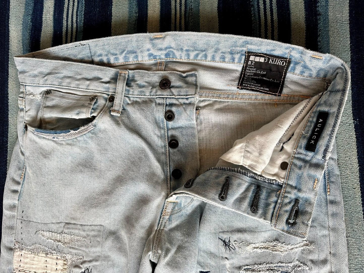 handmade patchwork denim pants by kuro