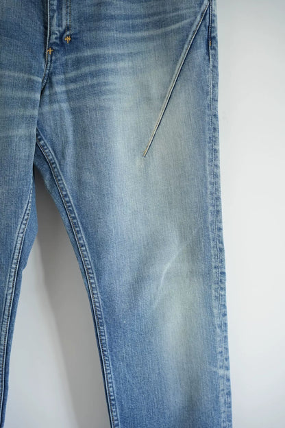 washed denim pants with musical print