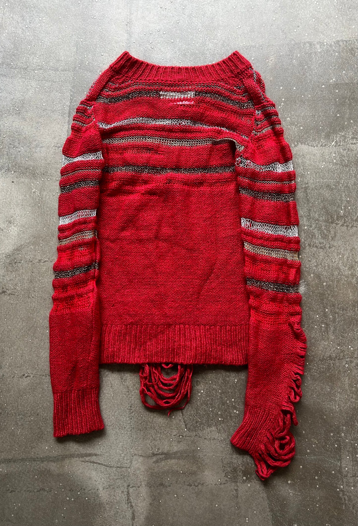 red knit distressed long sleeve sweater