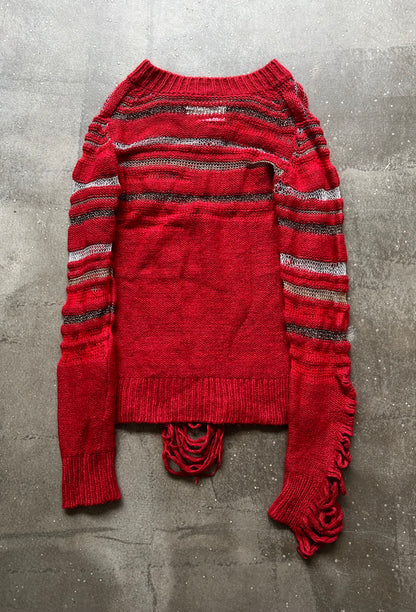 red knit distressed long sleeve sweater