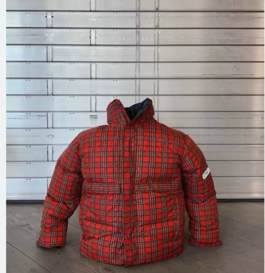 reversible plaid puffer jacket with hoods