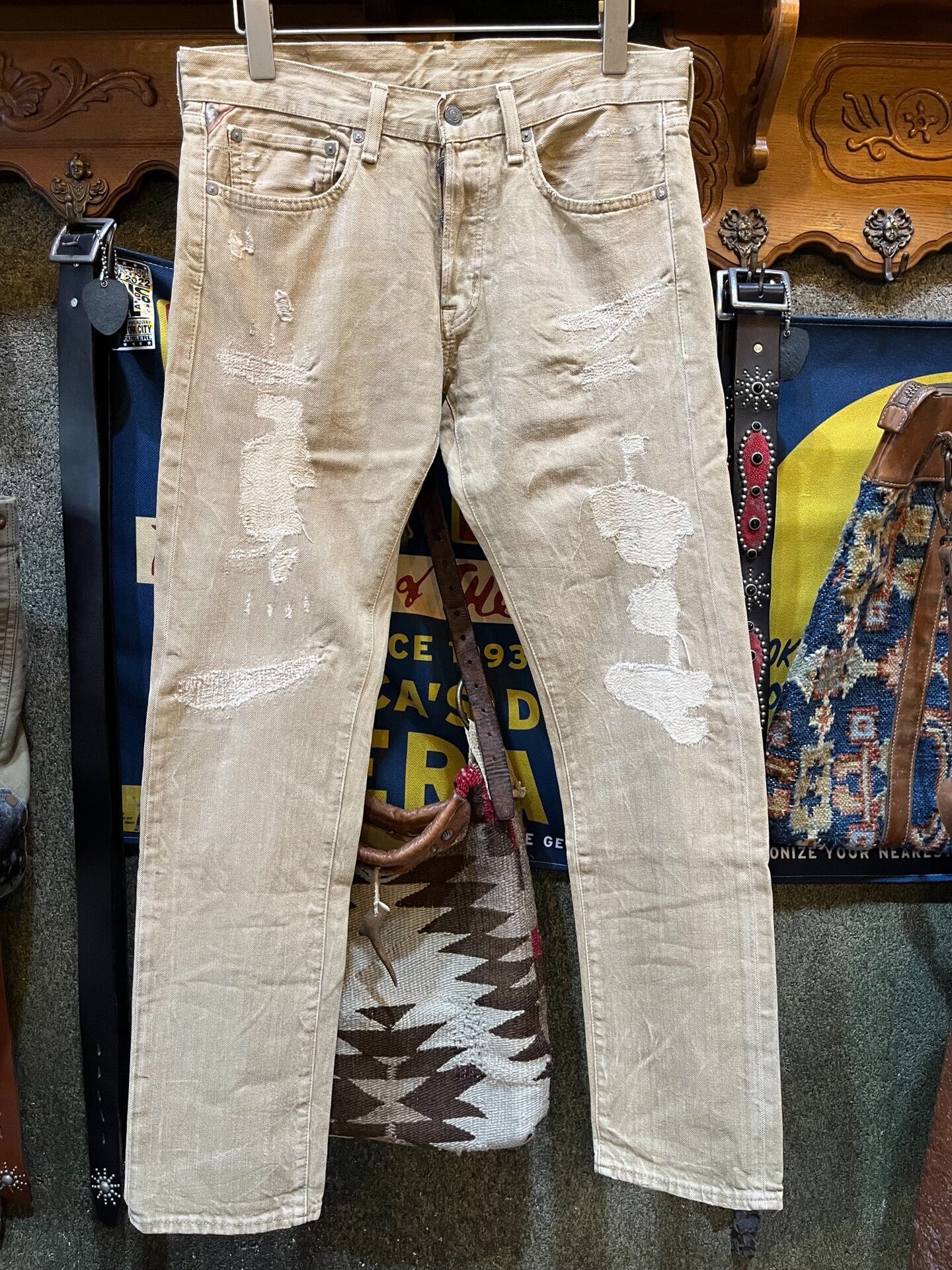rrl distressed beige denim pants by Ralph Lauren