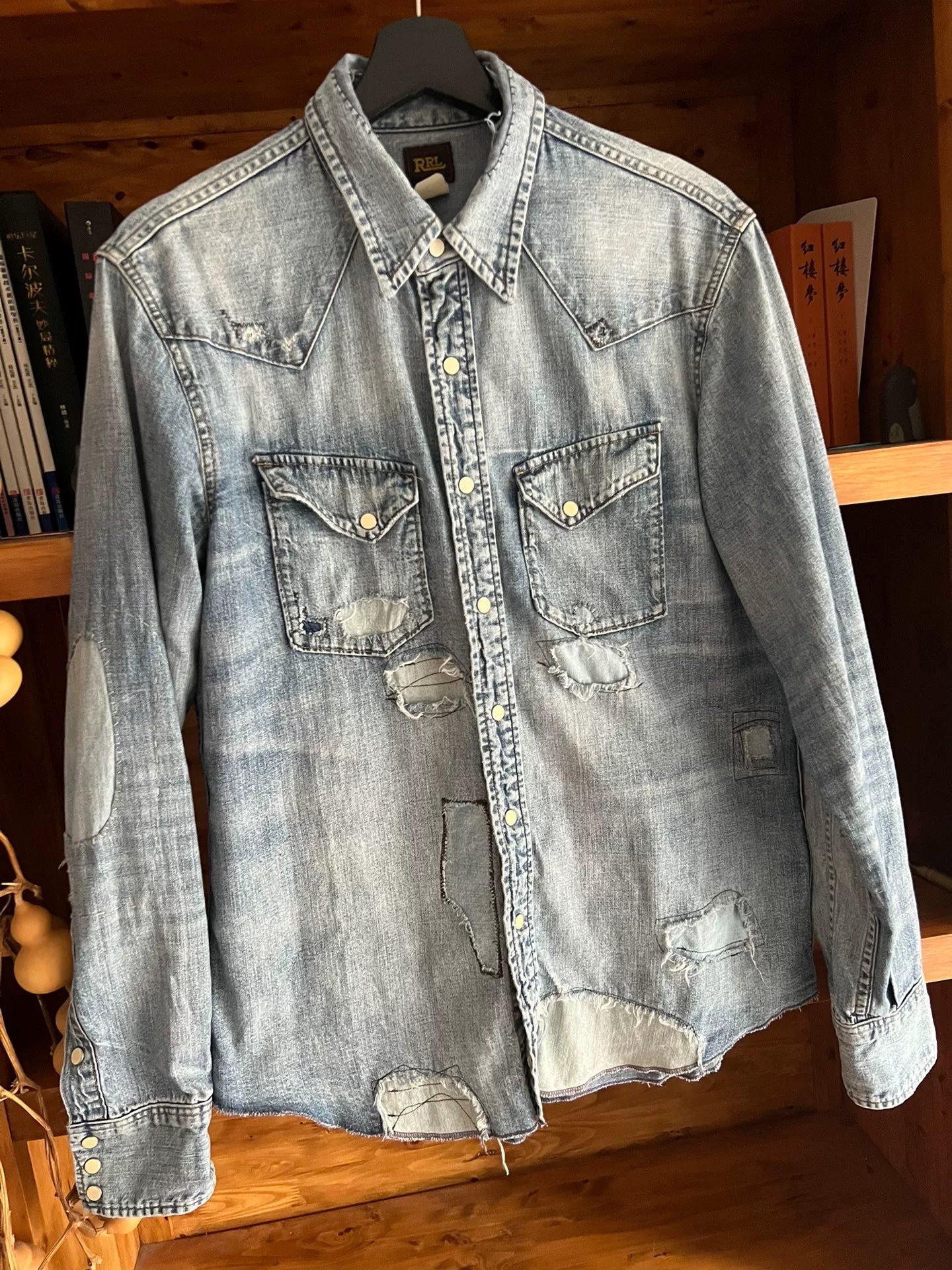 rrl distressed denim long sleeve shirt