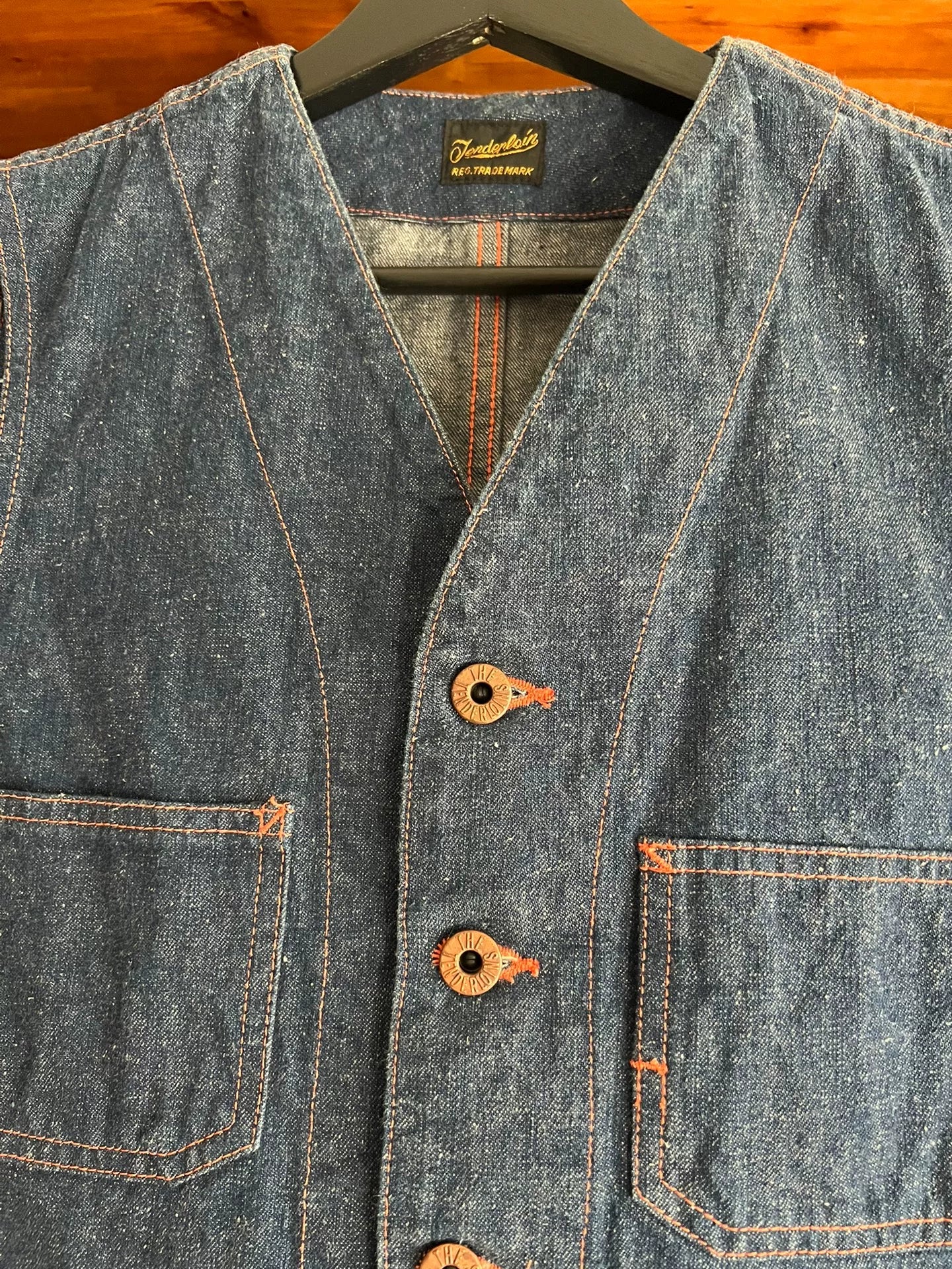 denim work vest with copper buttons