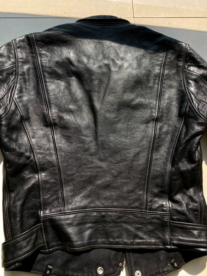 black leather biker jacket with detailed embellishments
