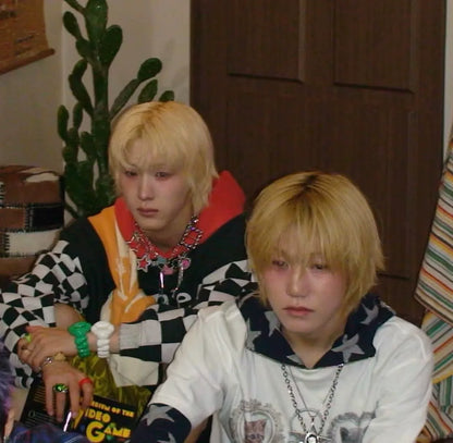 black and white checkered hoodie with red hood