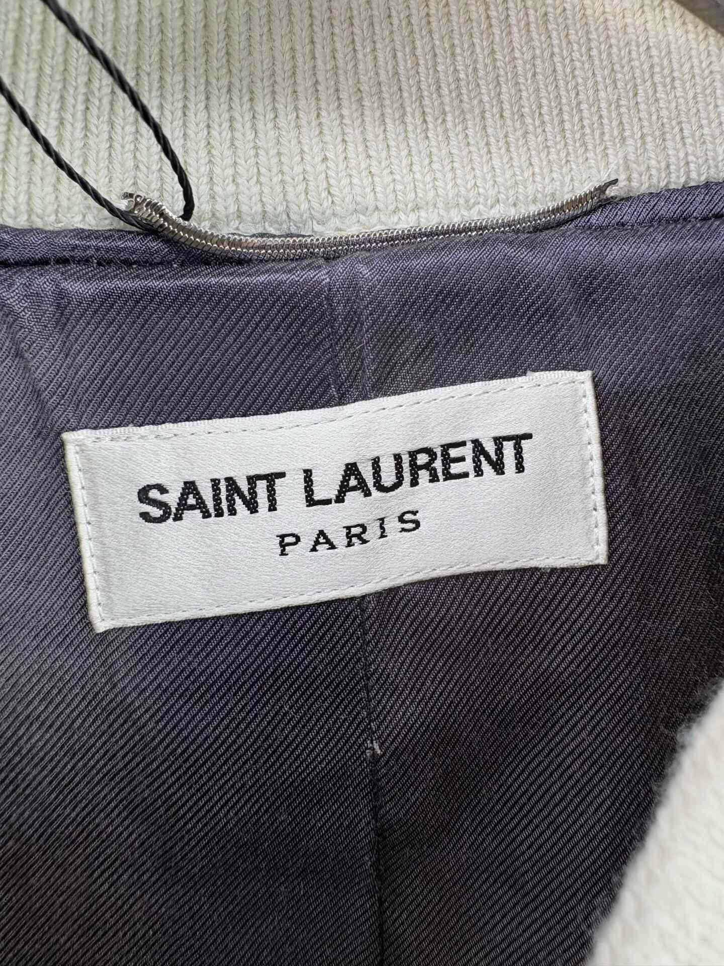 Saint Laurent White Leather Sleeves Baseball Jacket