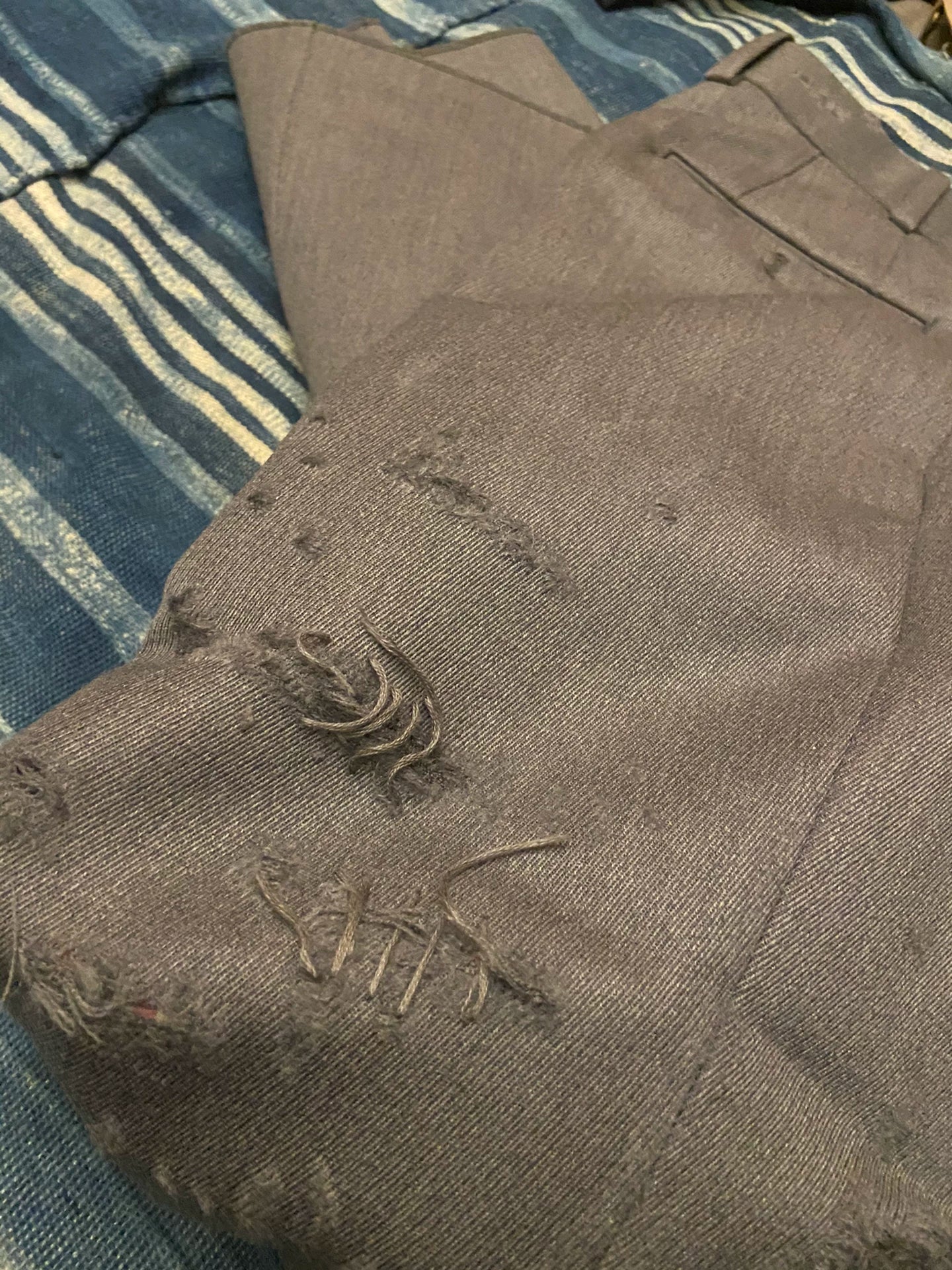 thom browne distressed gray trousers