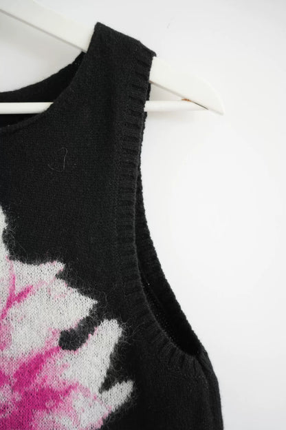 black sleeveless knit vest with floral design