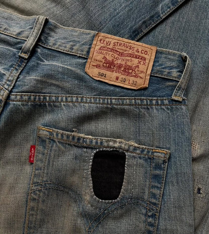 Vintage Levi's 501 Distressed Patchwork Blue Denim