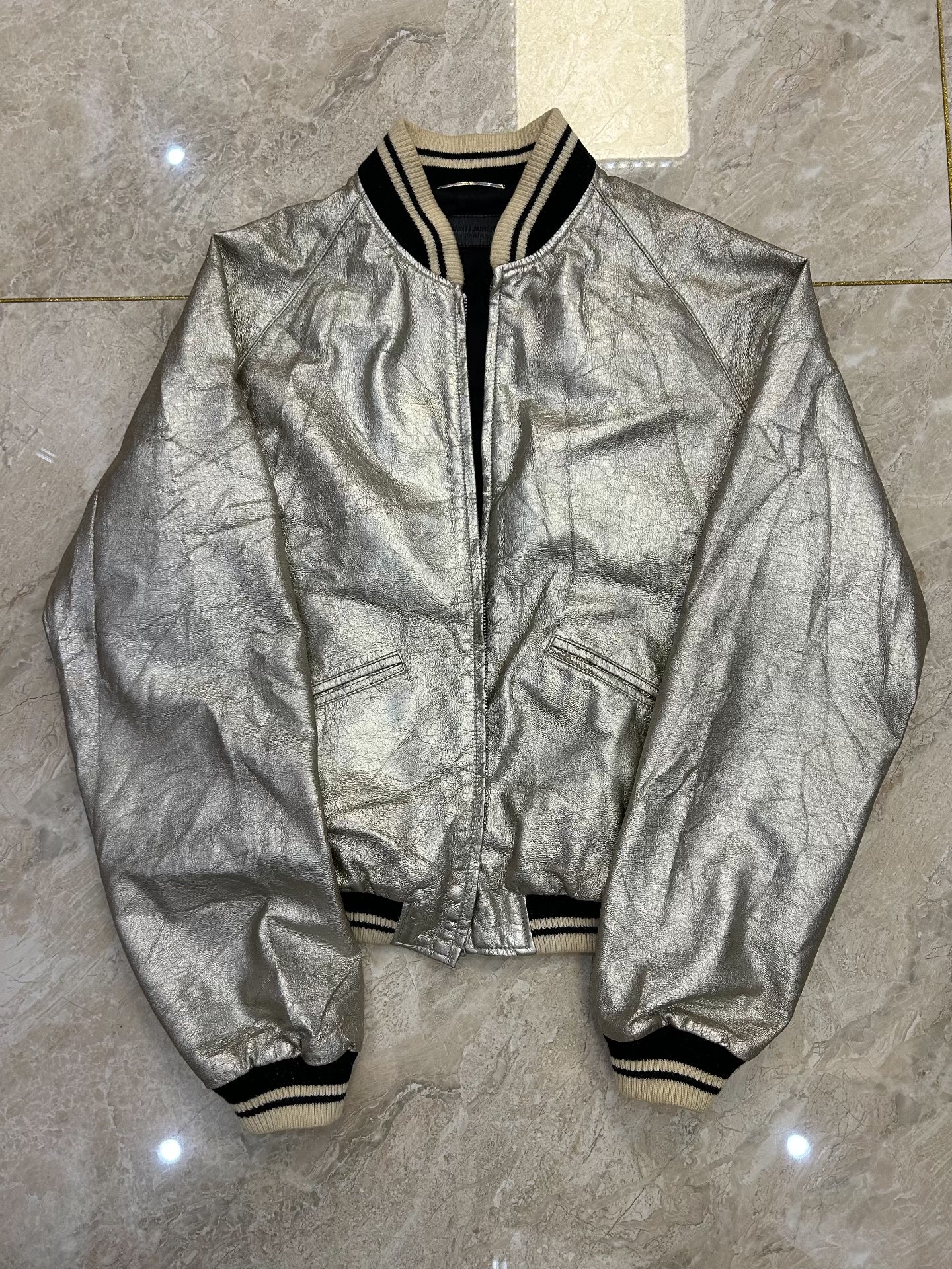 Saint Laurent Silver Leather Baseball Jacket