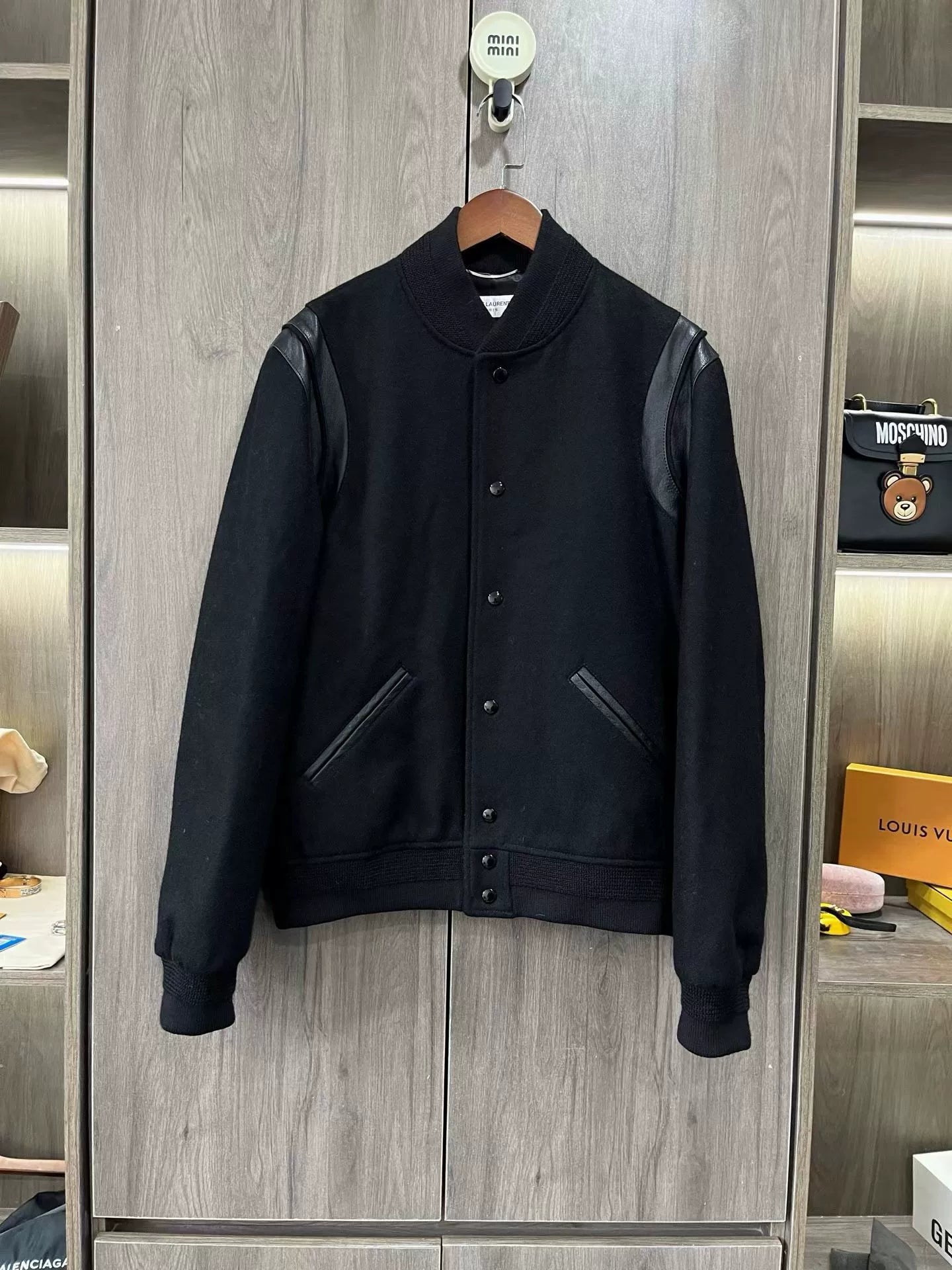 Saint Laurent Black Leather Sleeves Baseball Jacket