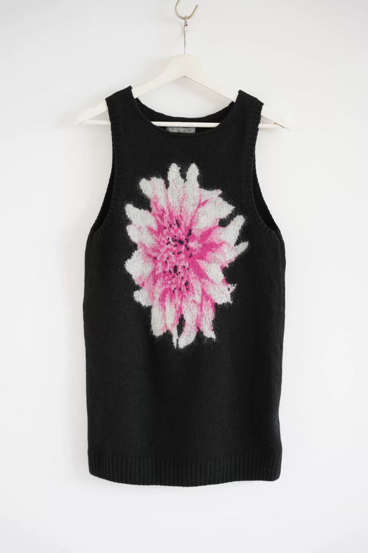 black sleeveless knit vest with floral design