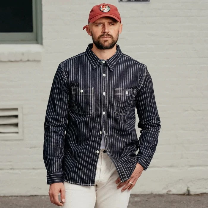 The Flat Head Wabash Stripe Workwear Denim Shirt