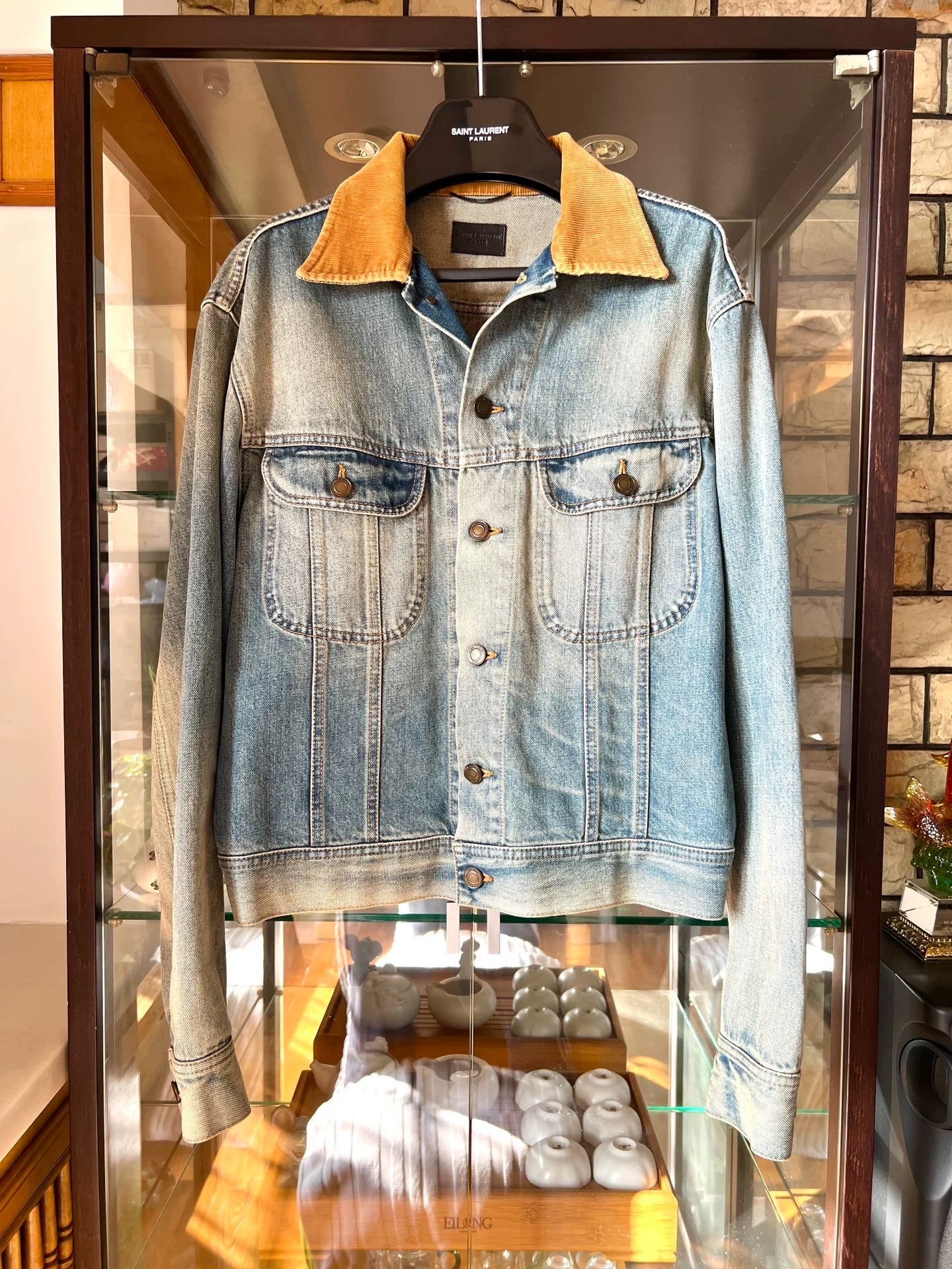 saint laurent blue denim jacket with cord collar
