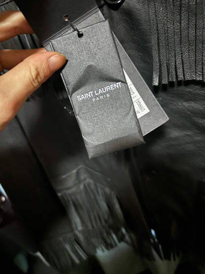 saint laurent black leather fringe jacket