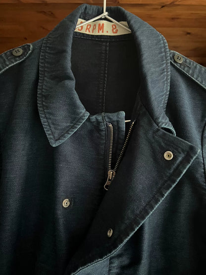 blue dyed motorcycle jacket with subtle vintage touch