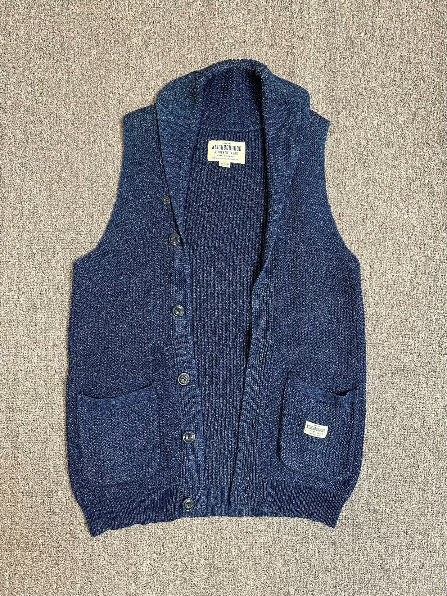 NEIGHBORHOOD Indigo Knit Shawl Collar Vest