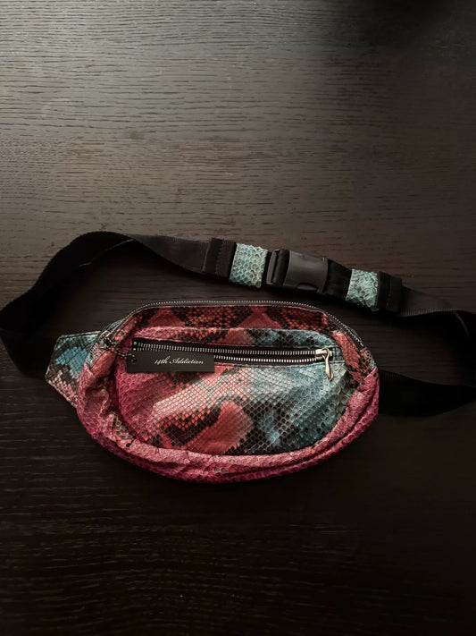 python leather waist bag with vivid print