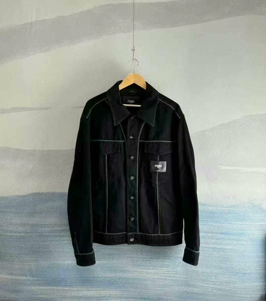 black denim jacket with logo patch
