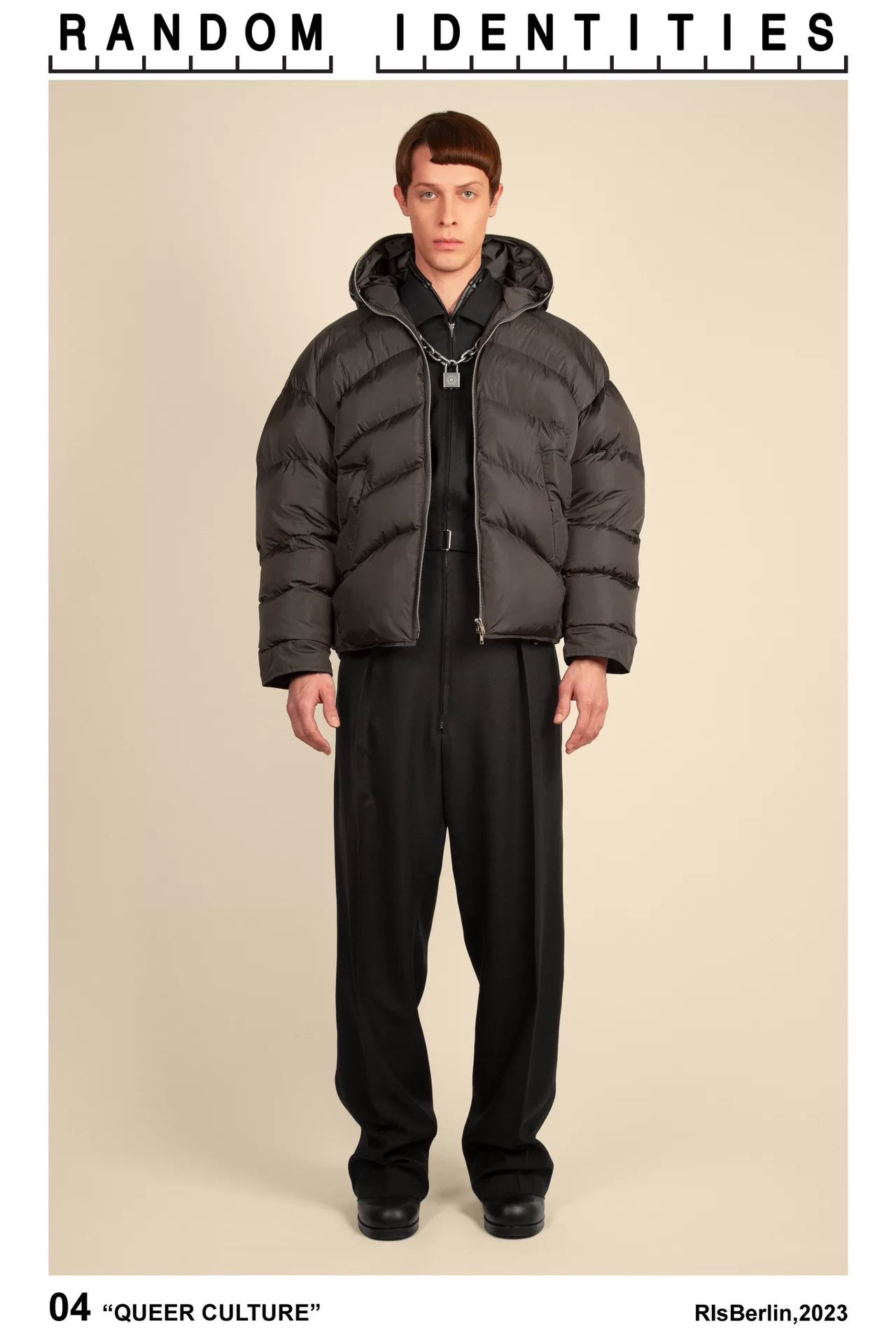 oversized gray-black leather cap puffer jacket