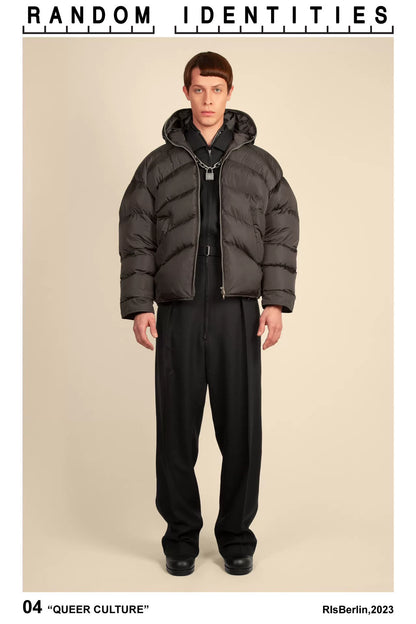 oversized gray-black leather cap puffer jacket