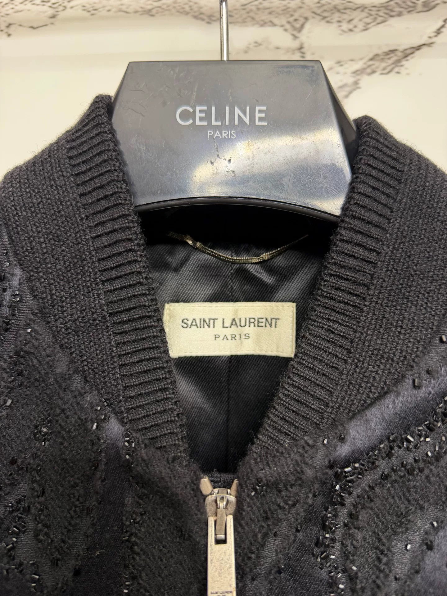 saint laurent black beaded bomber jacket